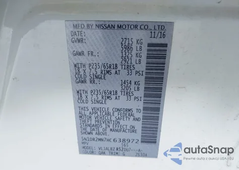 2017 Nissan Pathfinder S z USA, uszkodzony, nr VIN 5N1DR2MN7HC638972